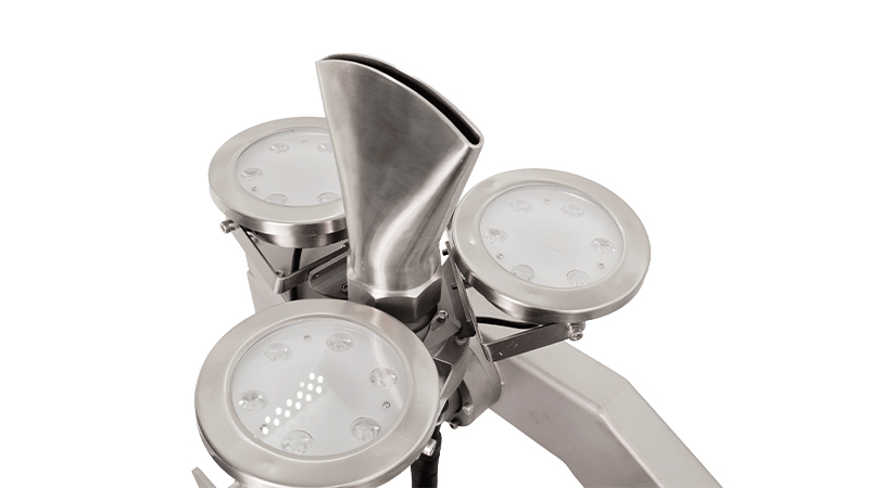 Three RGB LED lights arranged around the nozzle outlet on a Huaxin integrated 3D fountain unit
