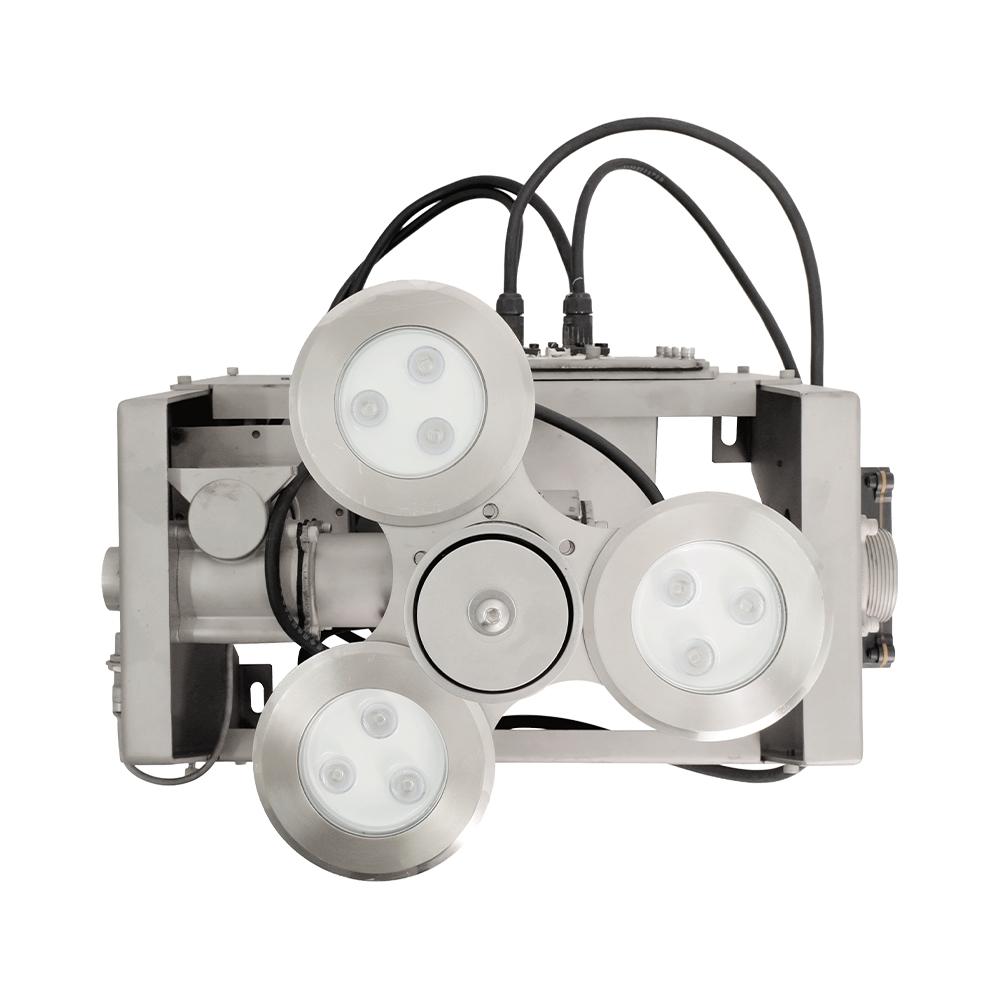 Top view of a Huaxin integrated variable fountain nozzle showing three RGB lights around the outlet