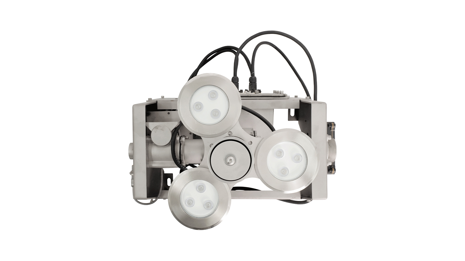 Top view of a Huaxin integrated variable fountain nozzle showing three RGB lights around the outlet