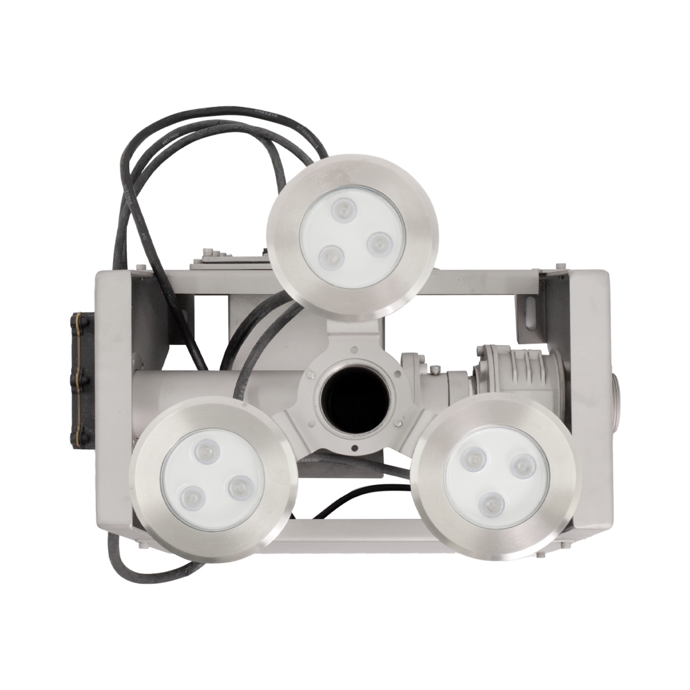 Top view of the Huaxin integrated 1D swing fountain unit showing three RGB lights