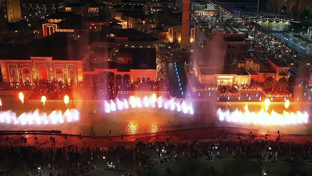 Fire fountain effects in the Huaxin fountain installation in Margilan, Uzbekistan