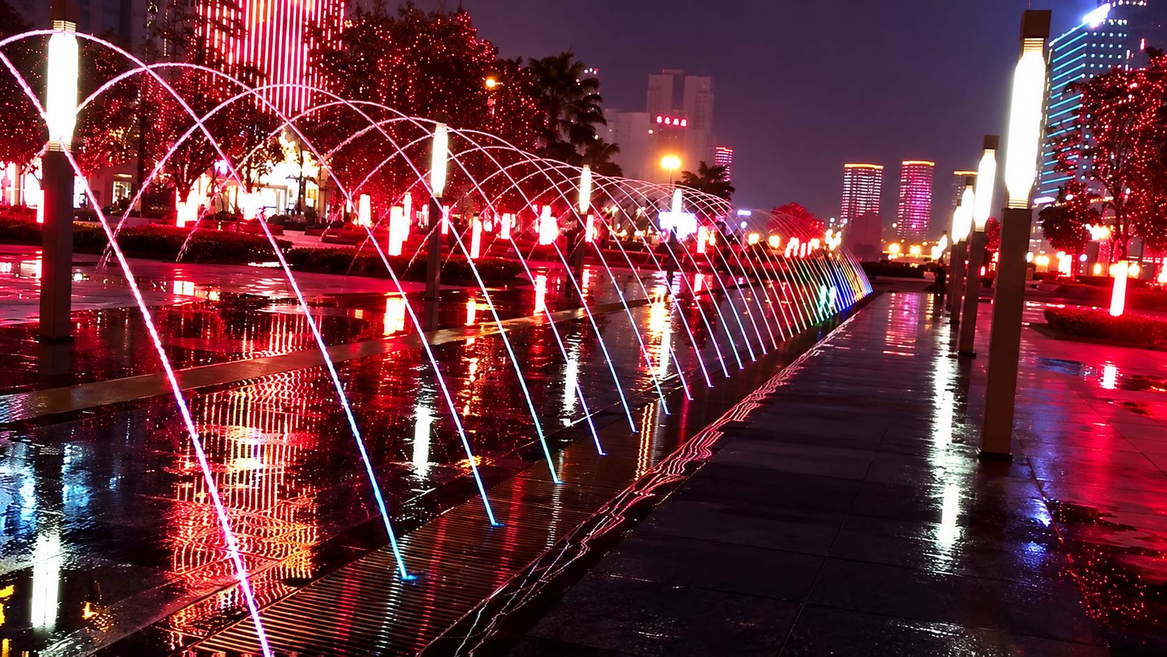 Multiple Huaxin jumping fountain jets in operation
